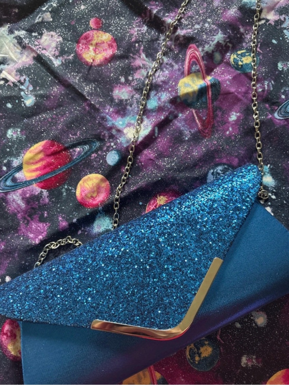 Blue Glitter Envelope Clutch with Gold Accent
